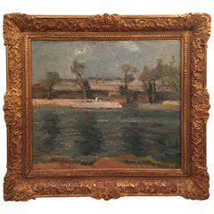 Olio su tela "Una scena parigina dalla Senna" di Maurice Brianchon (1899-1979)