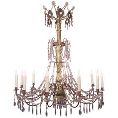 Antique 20th Century Italian Genoese Giltwood and Crystal Chandelier with Tole