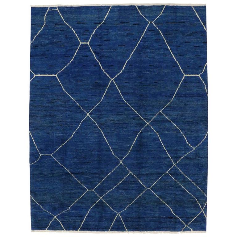 Contemporary Blue Moroccan Style Area Rug with Abstract Design For Sale