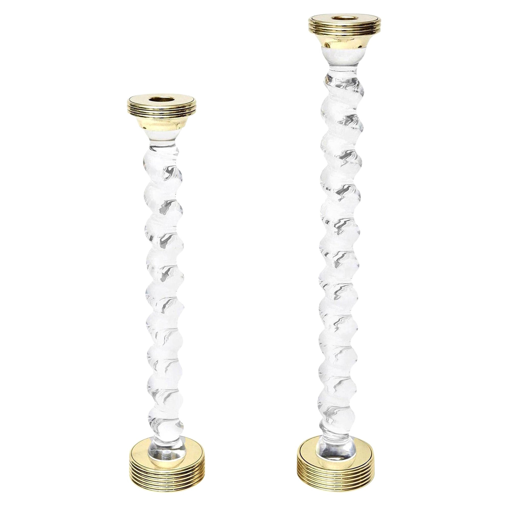  Brass and Twisted Rare Lucite Monumental Candlesticks Pair of Vintage For Sale