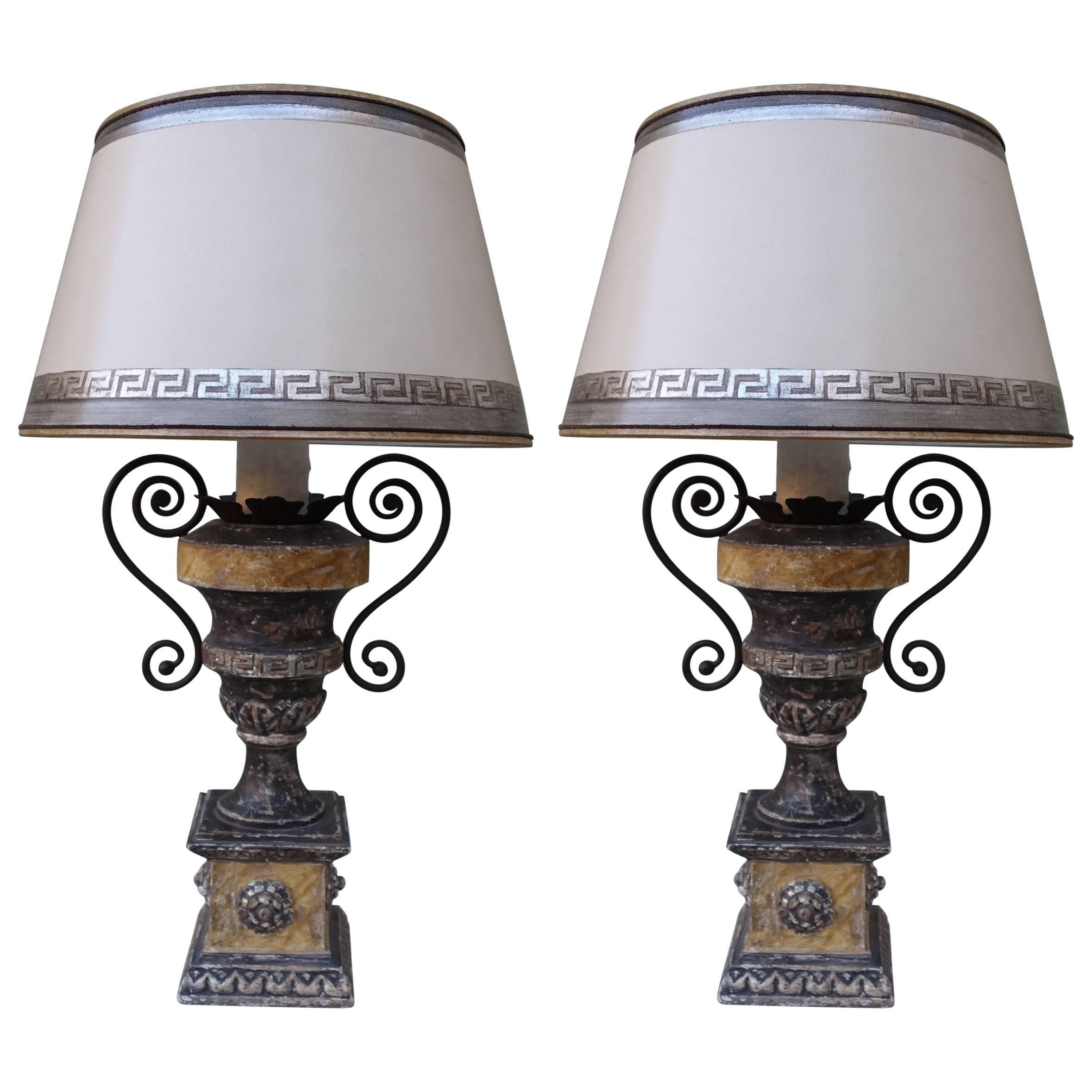 Pair of Neoclassical Style Painted Urn Lamps with Shades