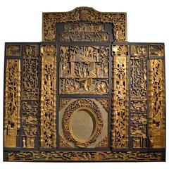 Antique Chinese Carved and Lacquered Gilt Panel