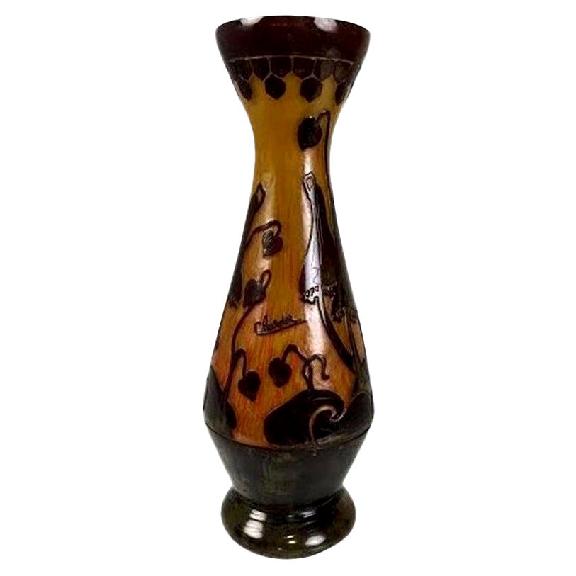 Charder, signierte, farbenfrohe Vase aus geätztem Glas, Art déco