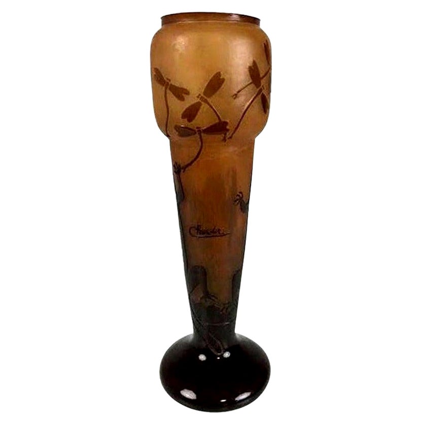 Charder Art Deco Signed Etched Colorful Dragonfly Glass Vase