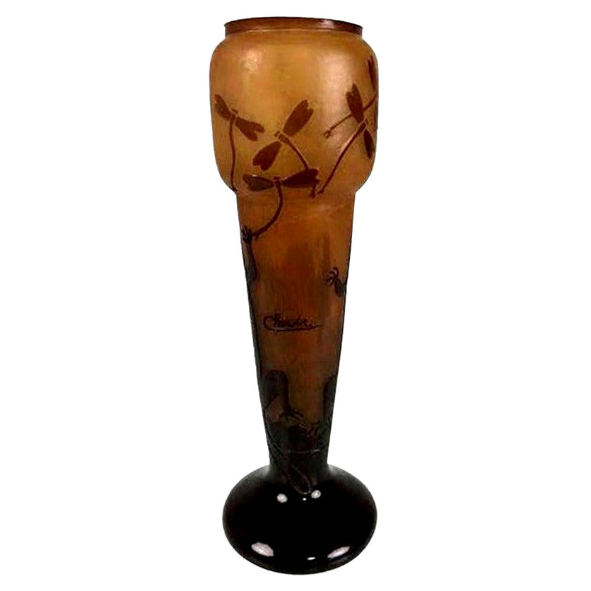 Charder Art Deco Signed Etched Colorful Dragonfly Glass Vase For Sale