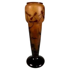 Vintage Charder Art Deco Signed Etched Colorful Dragonfly Glass Vase