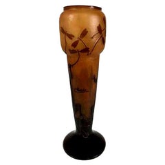 Charder Art Deco Signed Etched Colorful Dragonfly Glass Vase