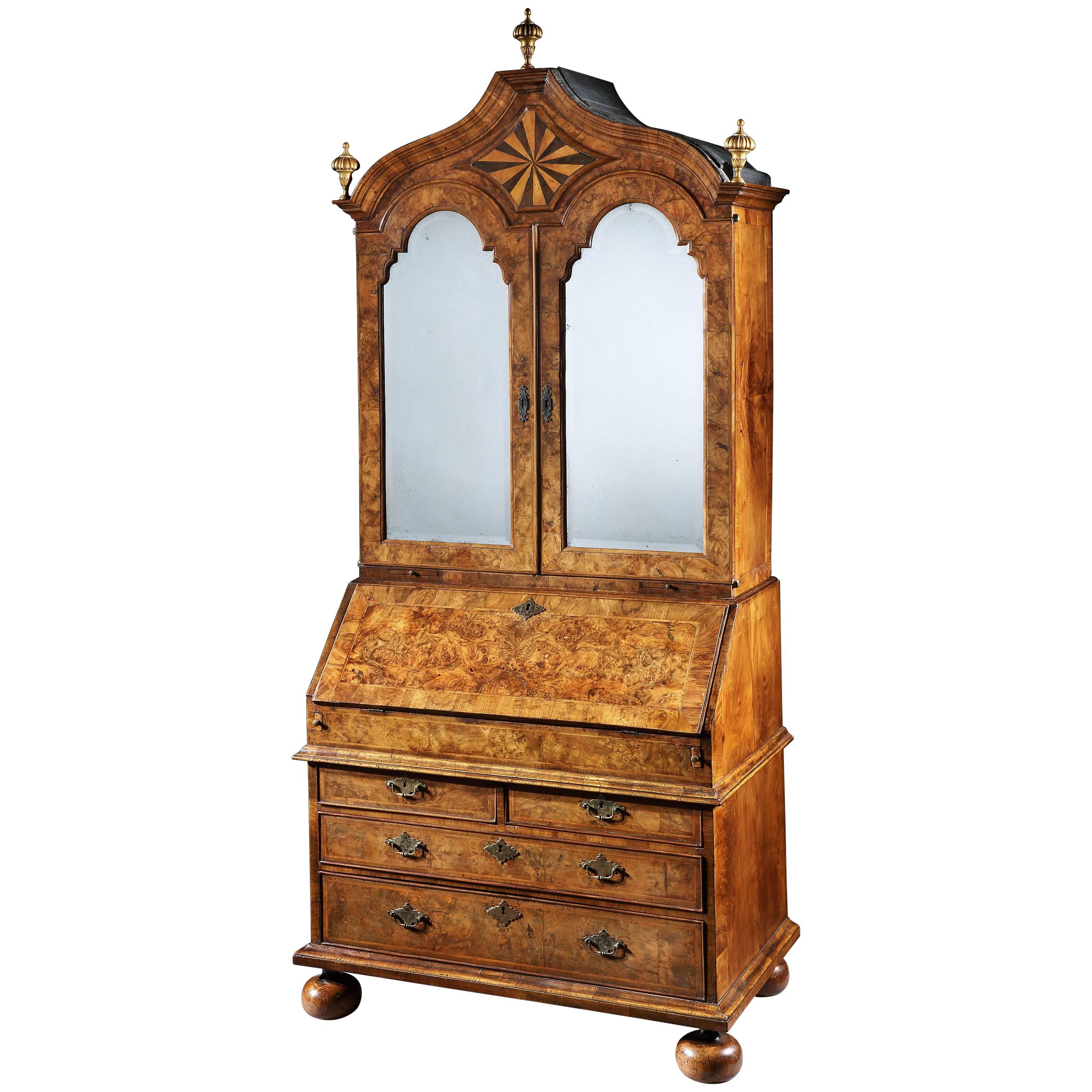 Superb William & Mary Period Walnut Domed Bureau Bookcase with Mirror Plates For Sale