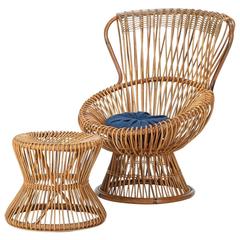 Wicker Franco Albini Margherita Italian Chair and Side Table, 1950s