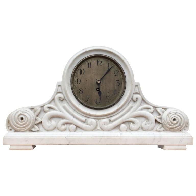 Early 1900 Arts and Crafts White Carrara Marble Mantel Clock with