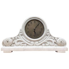 Brilliant Art Deco Italian White Carrara Marble Table Clock with Stylish Roses