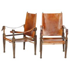 Antique Pair of Swiss Wilhelm Kienzle Safari Chairs Leather, 1950s