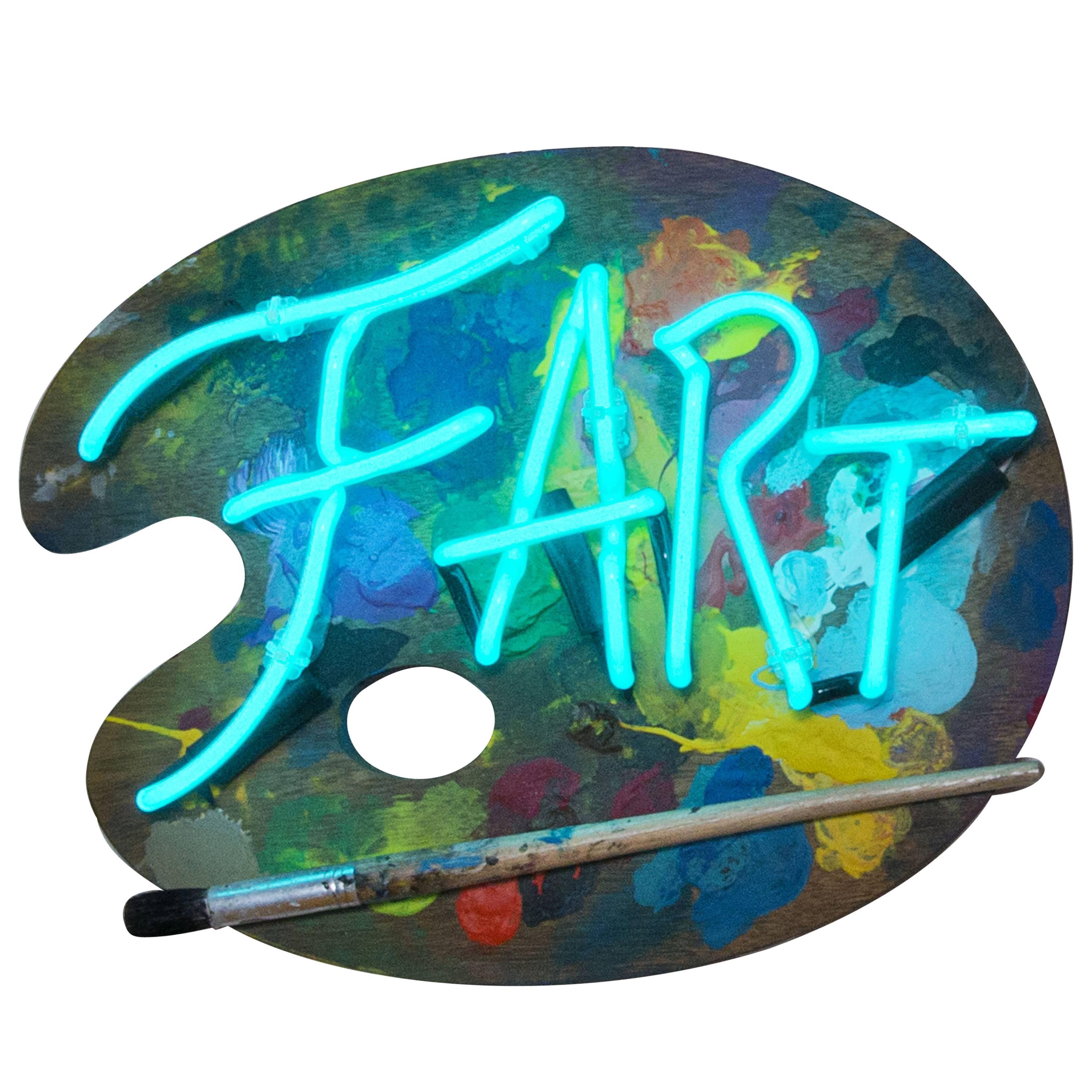 Fart, Turquoise Neon on Hand-Painted Paint Pallet by Linda Bracey For Sale