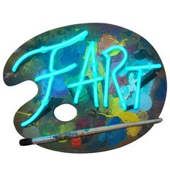 Fart, Turquoise Neon on Hand-Painted Paint Pallet by Linda Bracey