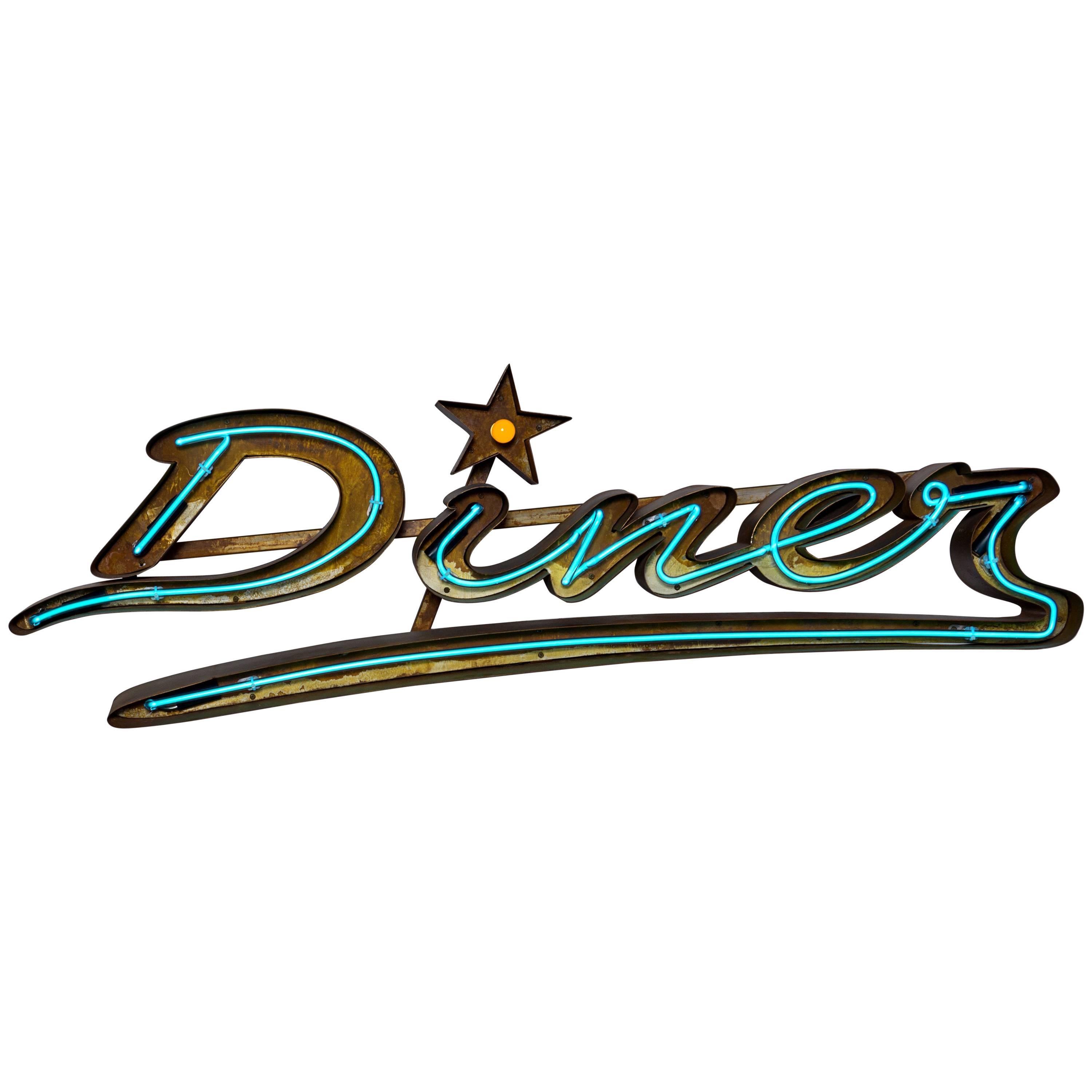 Diner Turquoise Neon Encased in Reclaimed Metal by Gods Own Junkyard For Sale
