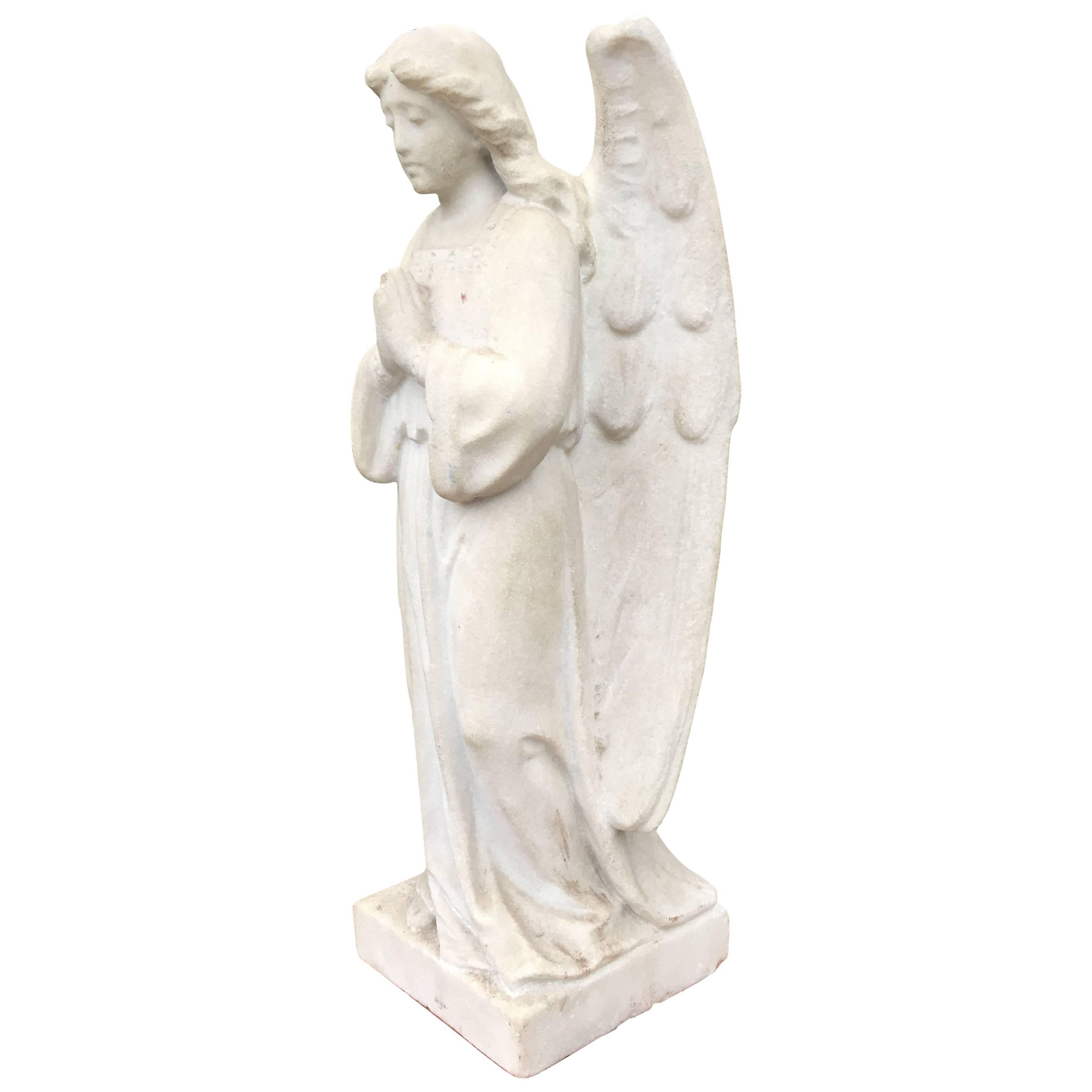 Early 1900 Hand-Carved Marble Angel Figure Statue with Wings Beautiful Sculpture