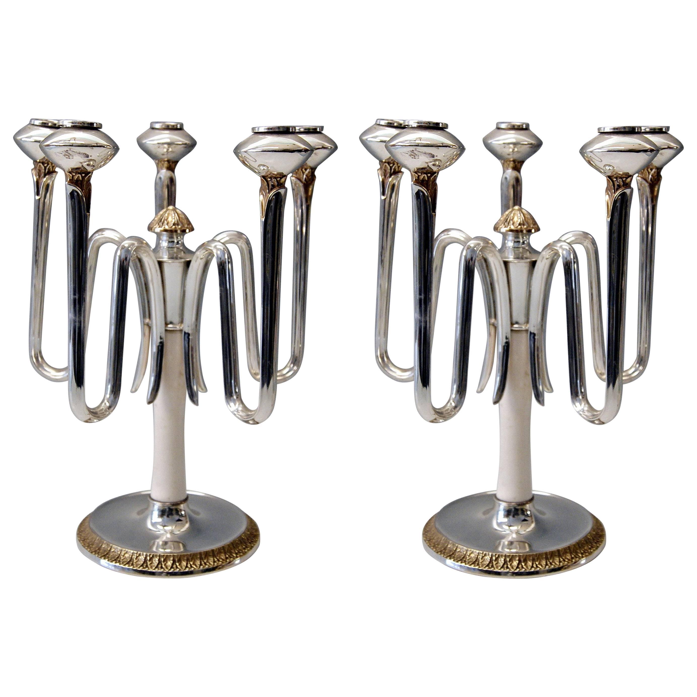 Silver Two German Five-Arm Candleholders O.Wolter Art Deco Schwaebisch-Gmuend
