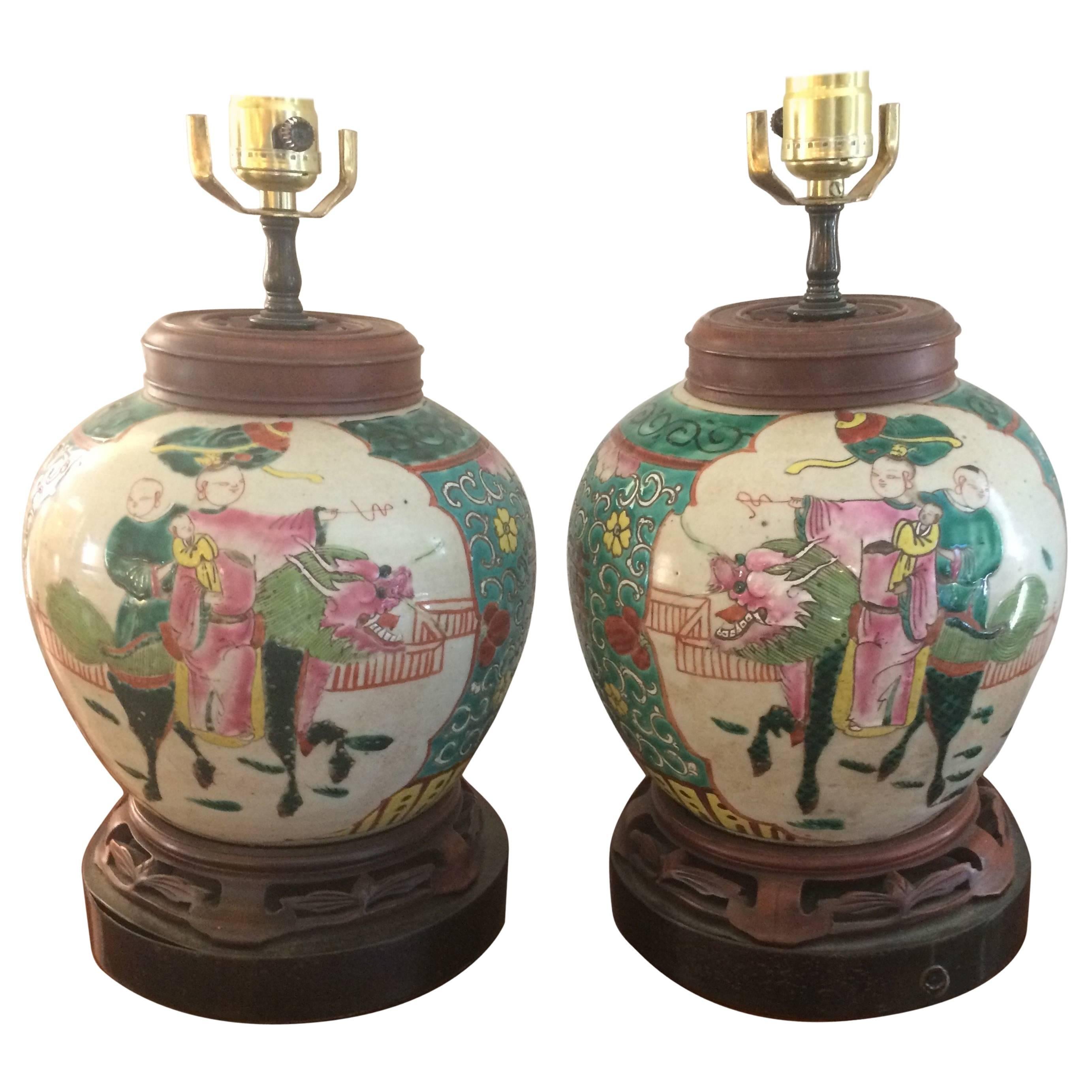Pair of Antique Rose Medallion Ginger Jar Table Lamps