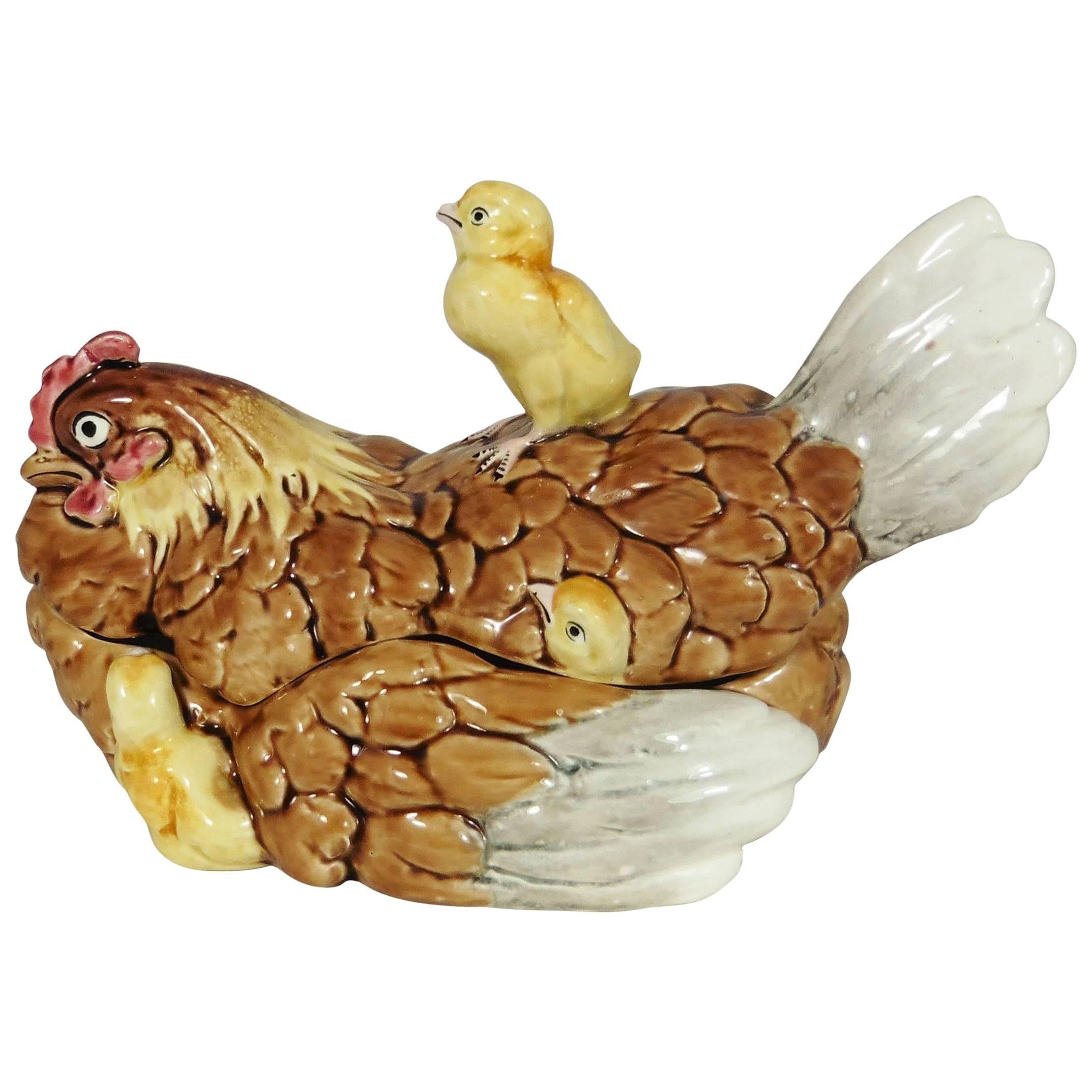 19th Rare Majolica Hen & Chicks Tureen George Dreyfus