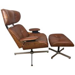 Plycraft Brown Leather Lounge Chair and Ottoman