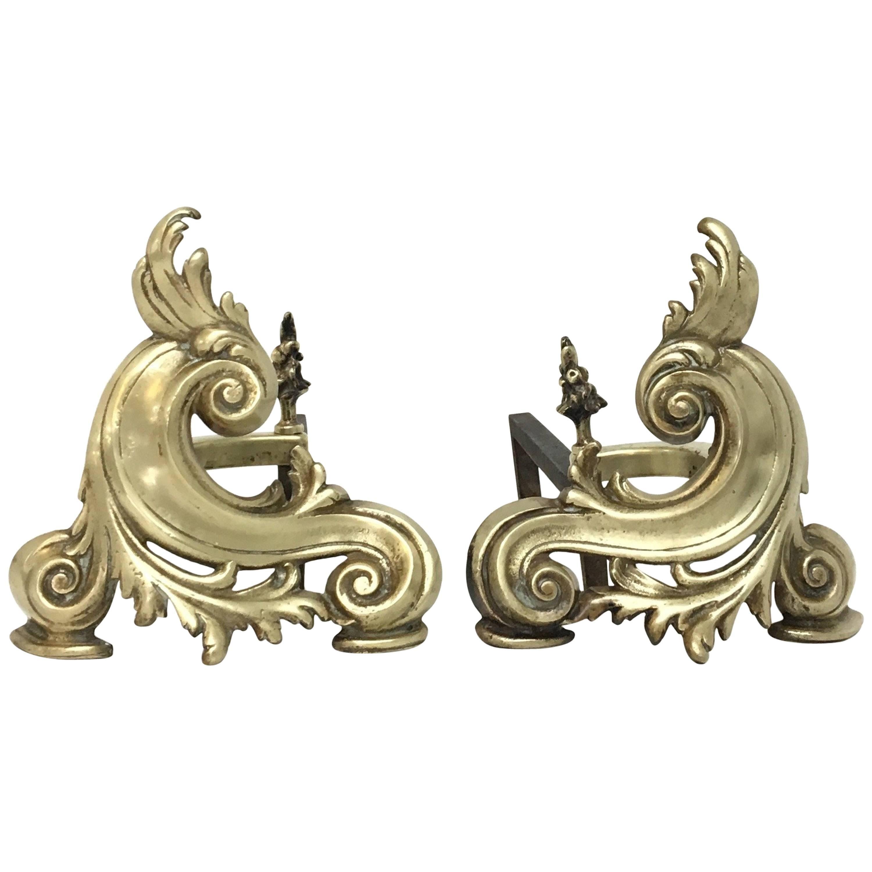 Louis XV Style Ornate Solid Brass Chenets or Andirons For Sale