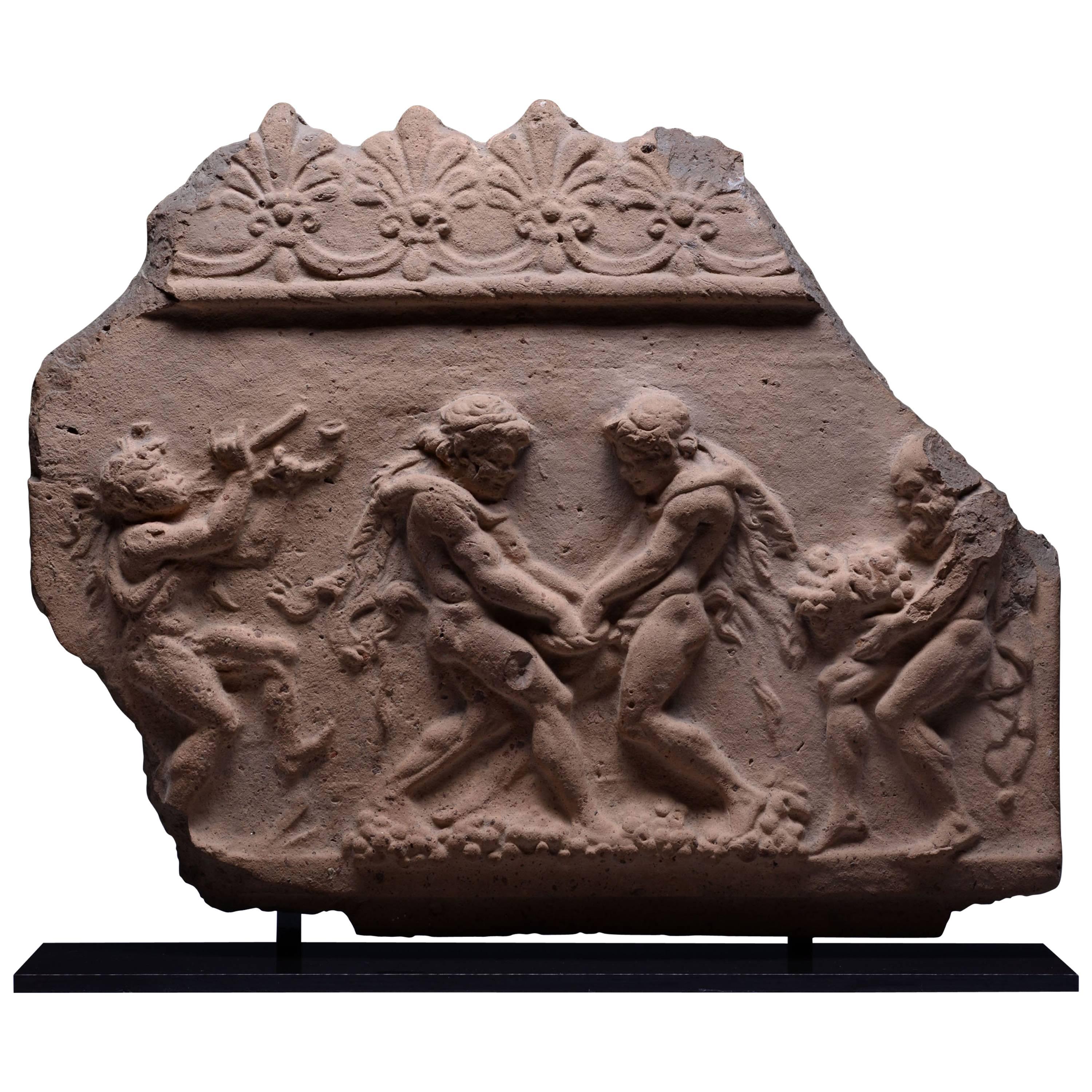 Ancient Roman Terracotta Relief of Satyrs Making Wine, 50 BC