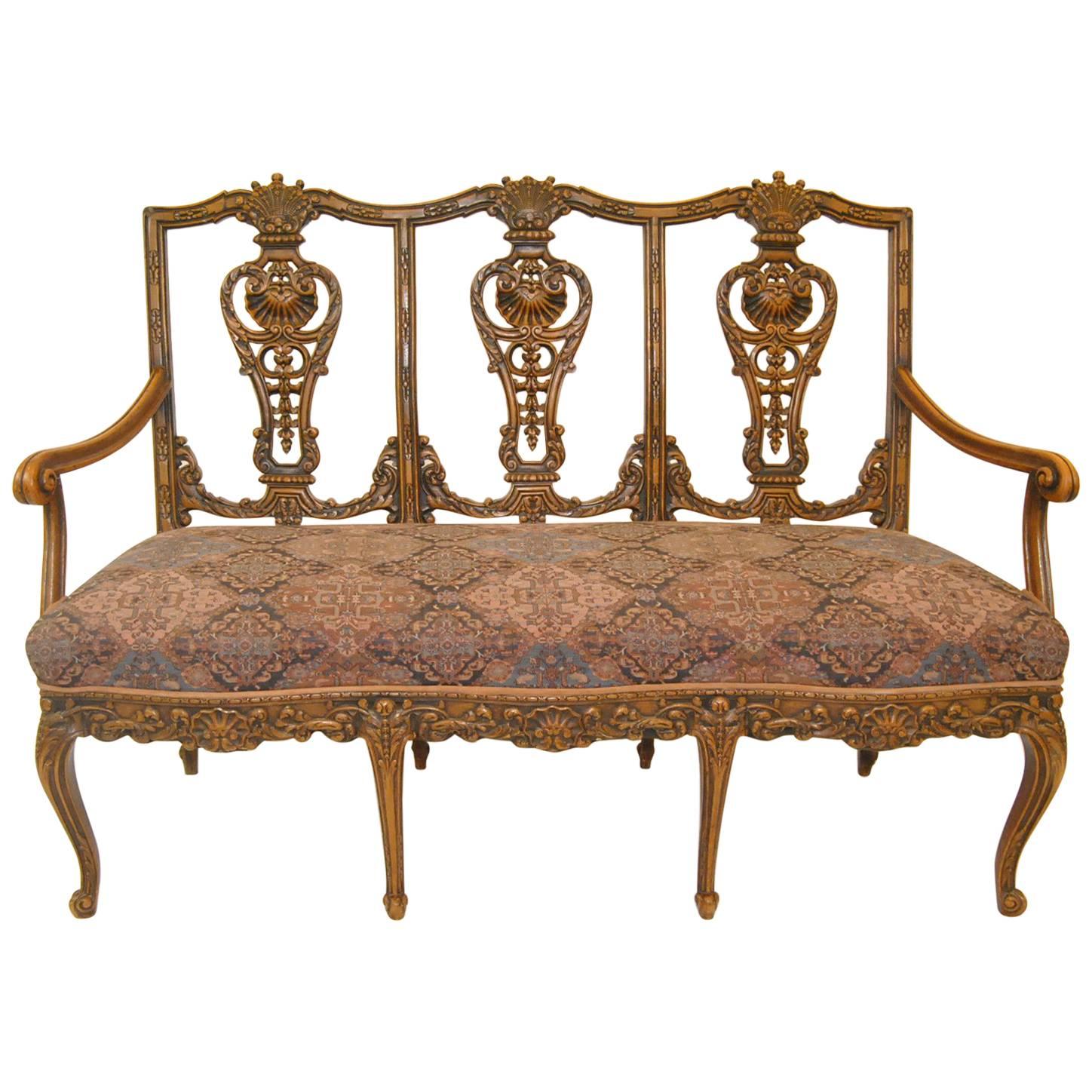 French Chippendale Carved Pearwood Bench Settee