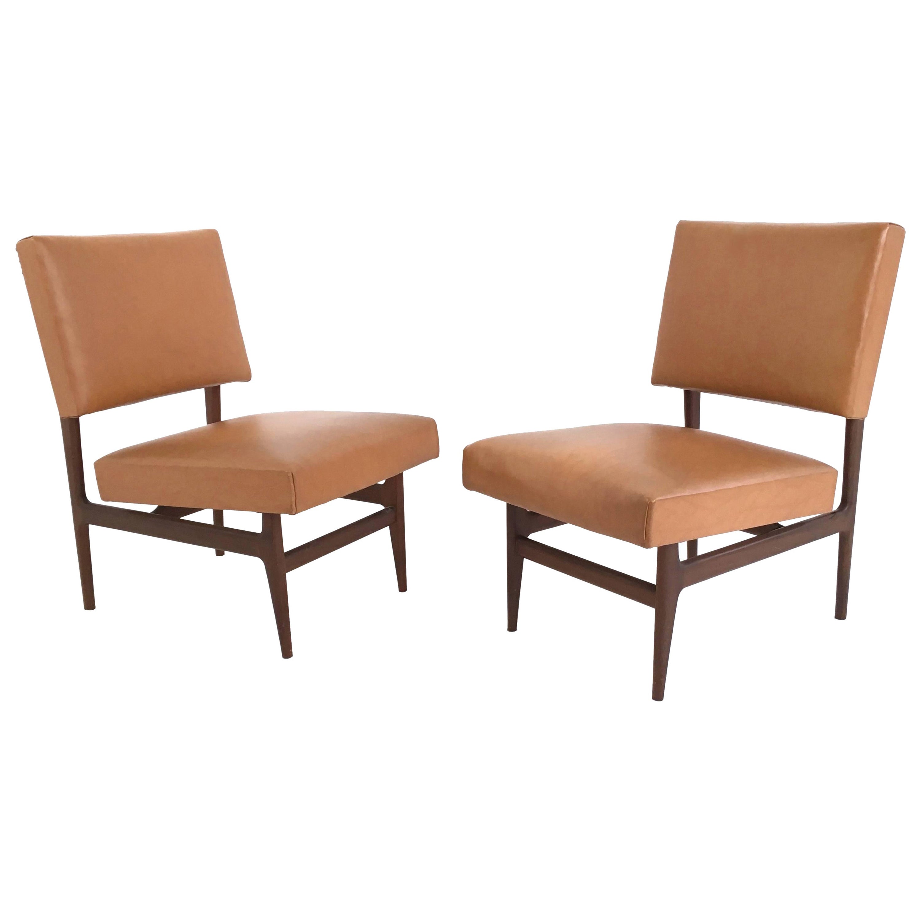 Pair of Vintage Camel Skai Lounge Chairs with Ebonized Wood Frame by Dassi For Sale