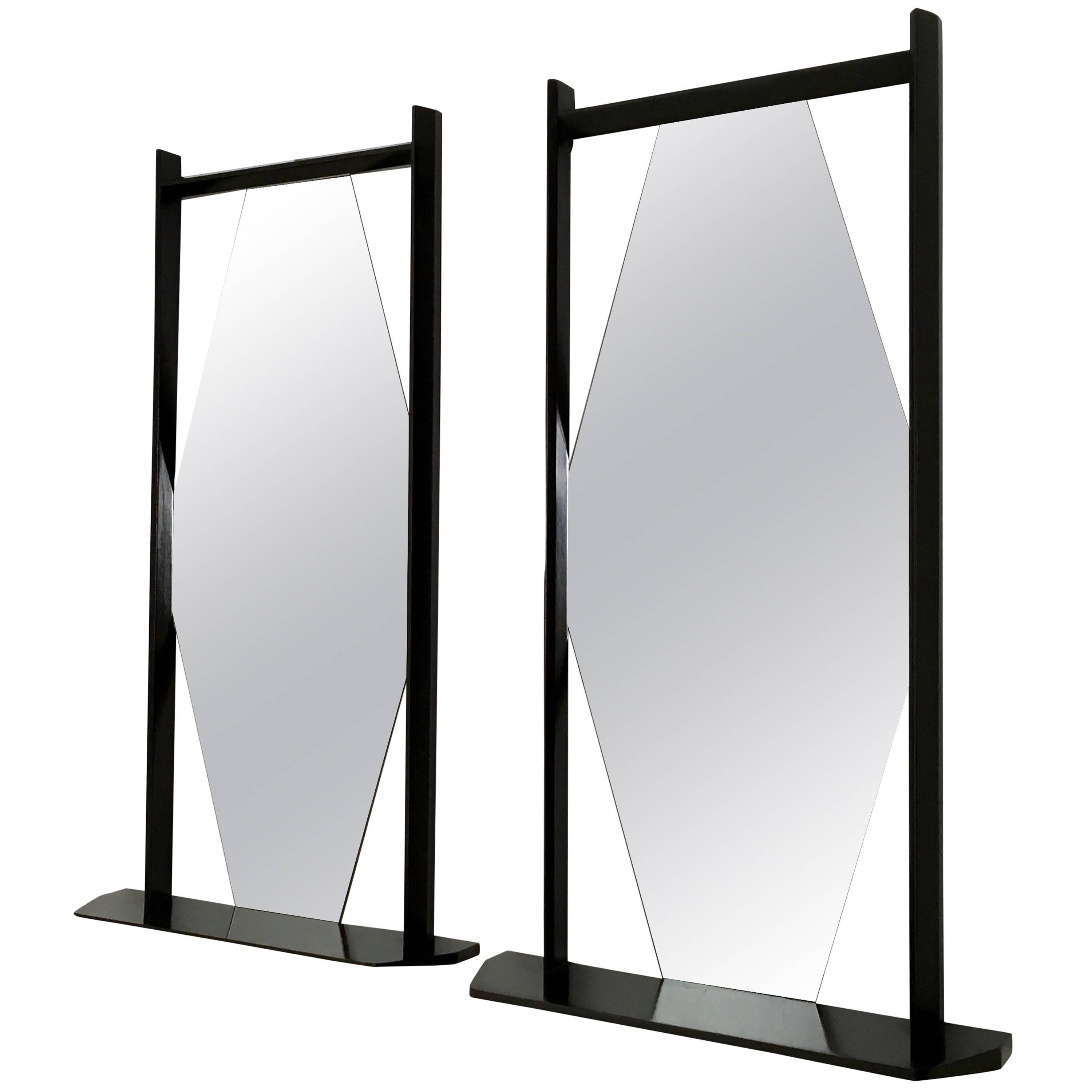 Pair of Midcentury Rectangular Black Ebonized Wood Wall Mirrors, Italy, 1960s
