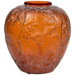 Antique Rene Lalique Amber Vase "Perruches"