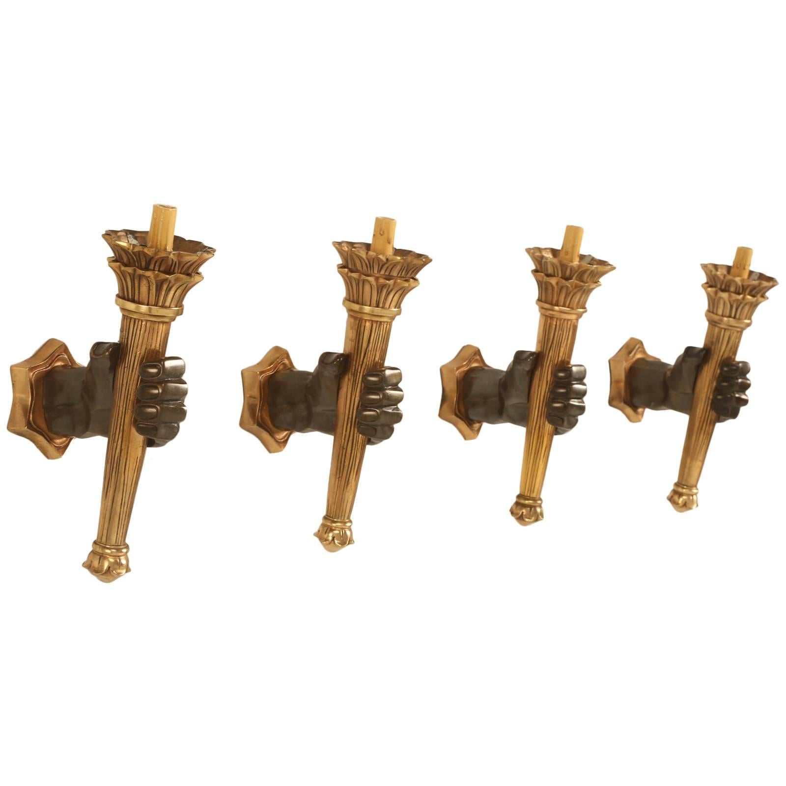 French Bronze Hand Sconces in the Style of Bagues