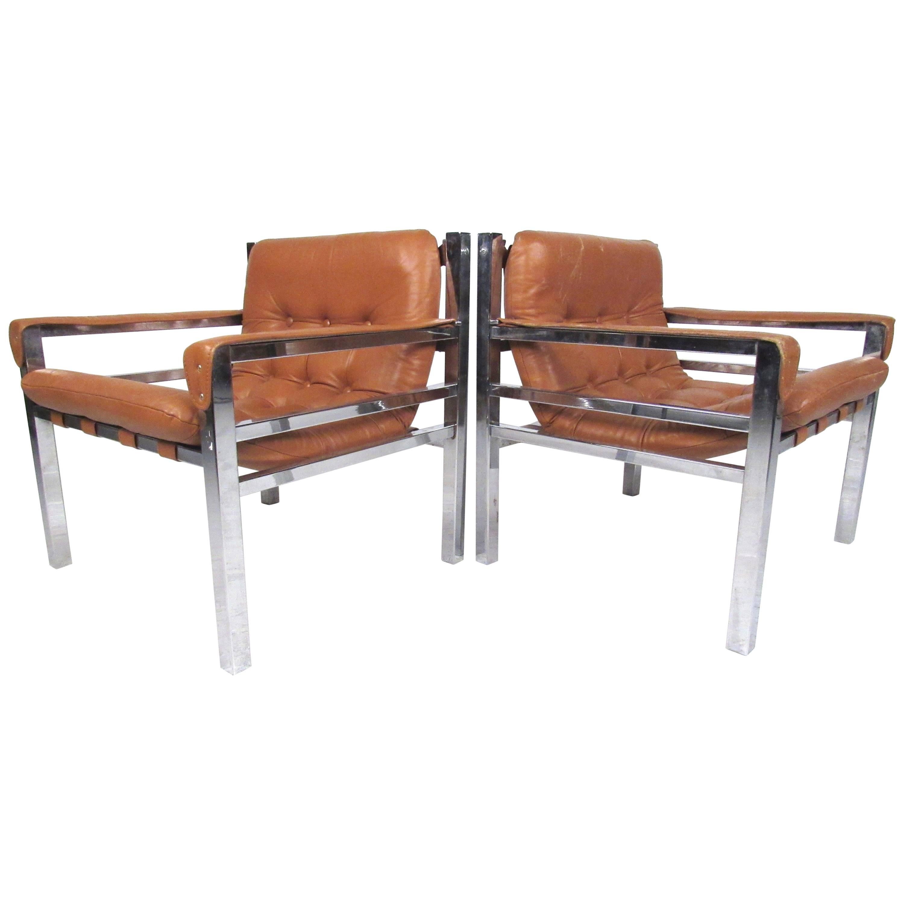 Pair of Mid-Century Modern Leather and Chrome Lounge Chairs