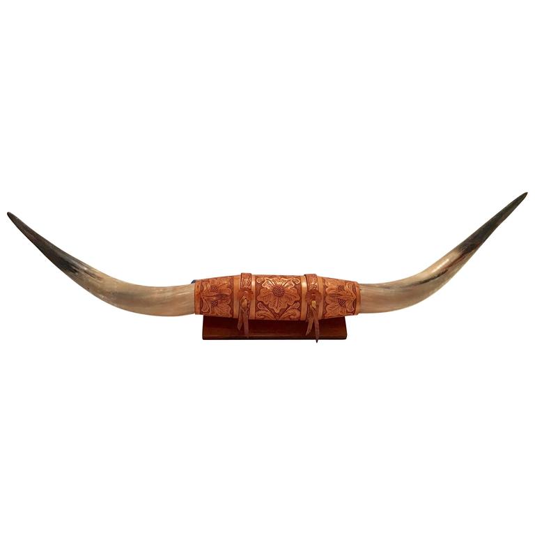 Vintage WallMounted Tool Leather Wrapped Texas Stag Horns at 1stDibs