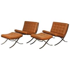Pair of Mies Van De Rohe Barcelona Chairs with Matching Ottomans for Knoll