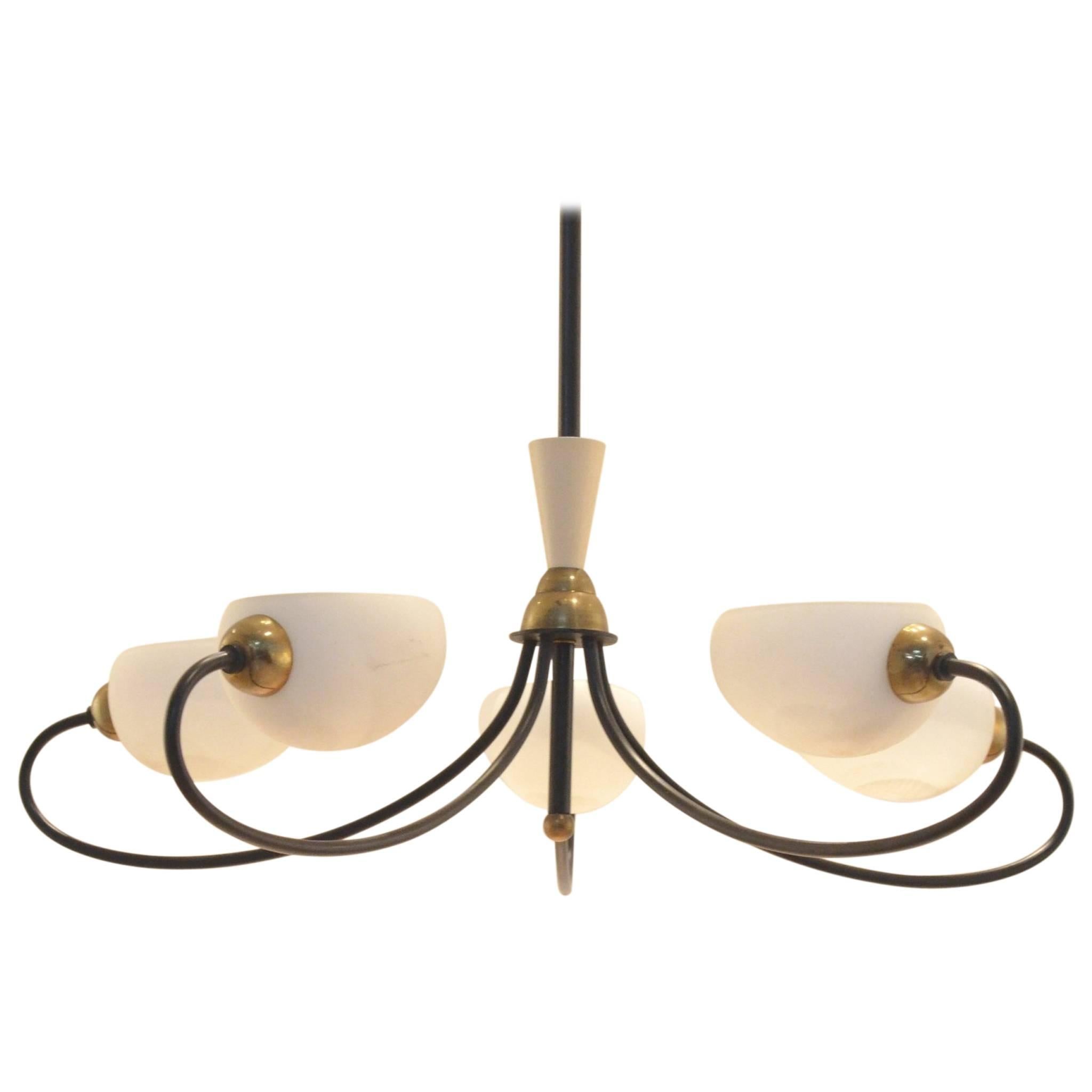 French Mid-Century Design Maison Arlus Glass and Brass Ceiling Lamp Chandelier