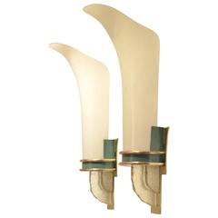 French Design Extra Large Art Deco Brass and Opalescent Glass Wall Sconces Lamps