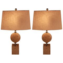 Pair of French Travertine Marble Table Lamps by Philippe Barbier