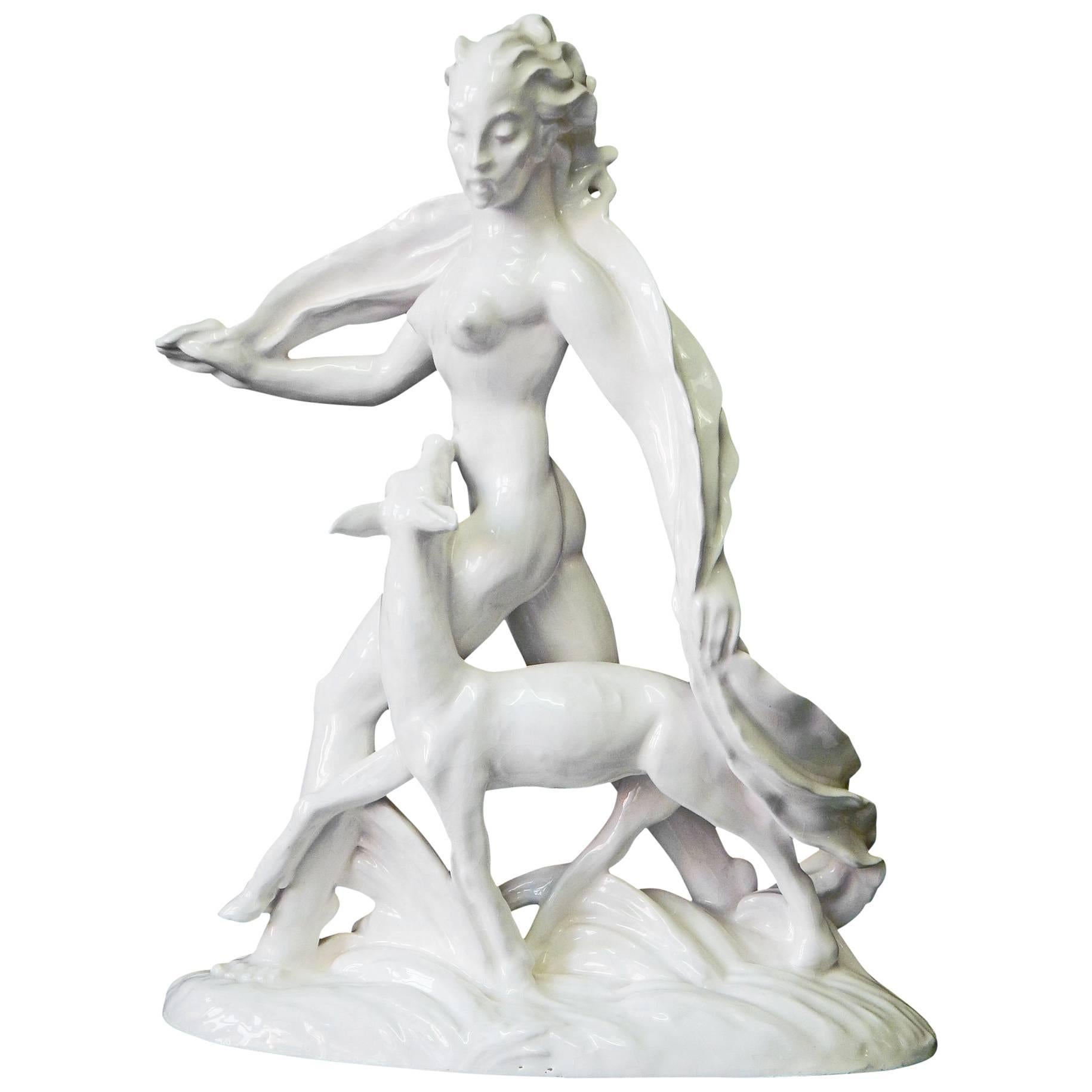 "Striding Diana with Fawn, " Large, Rare Art Deco Ceramic Sculpture, 1942