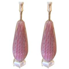 Pair of Pink and White Murano Glass Table Lamps