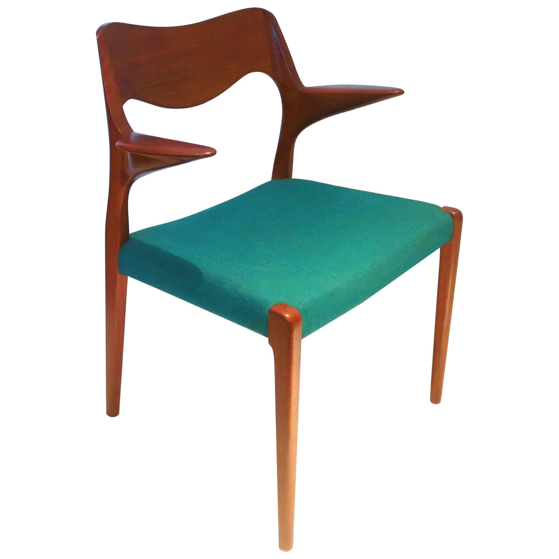 Single Solid Teak Arm Side Chair Designed by Niels Moller, Model 55 at