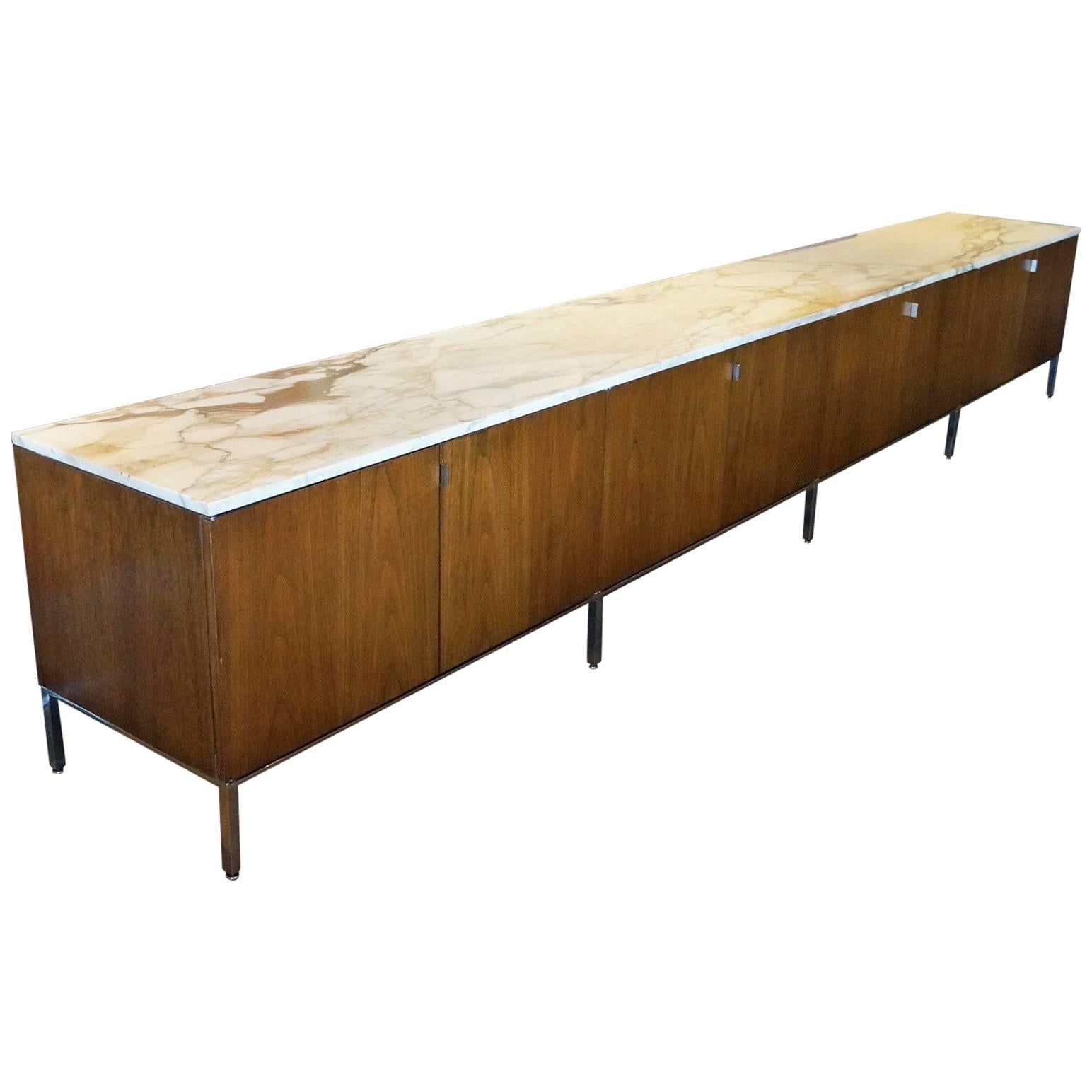 Extremely Rare Florence Knoll 13 Foot Monumental Marble Top, Walnut Credenza