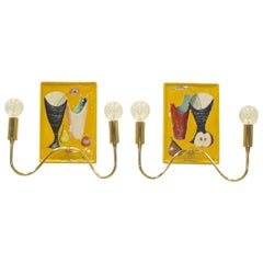 Mid-Century Italian Painted Ceramic Tile and Brass Sconces