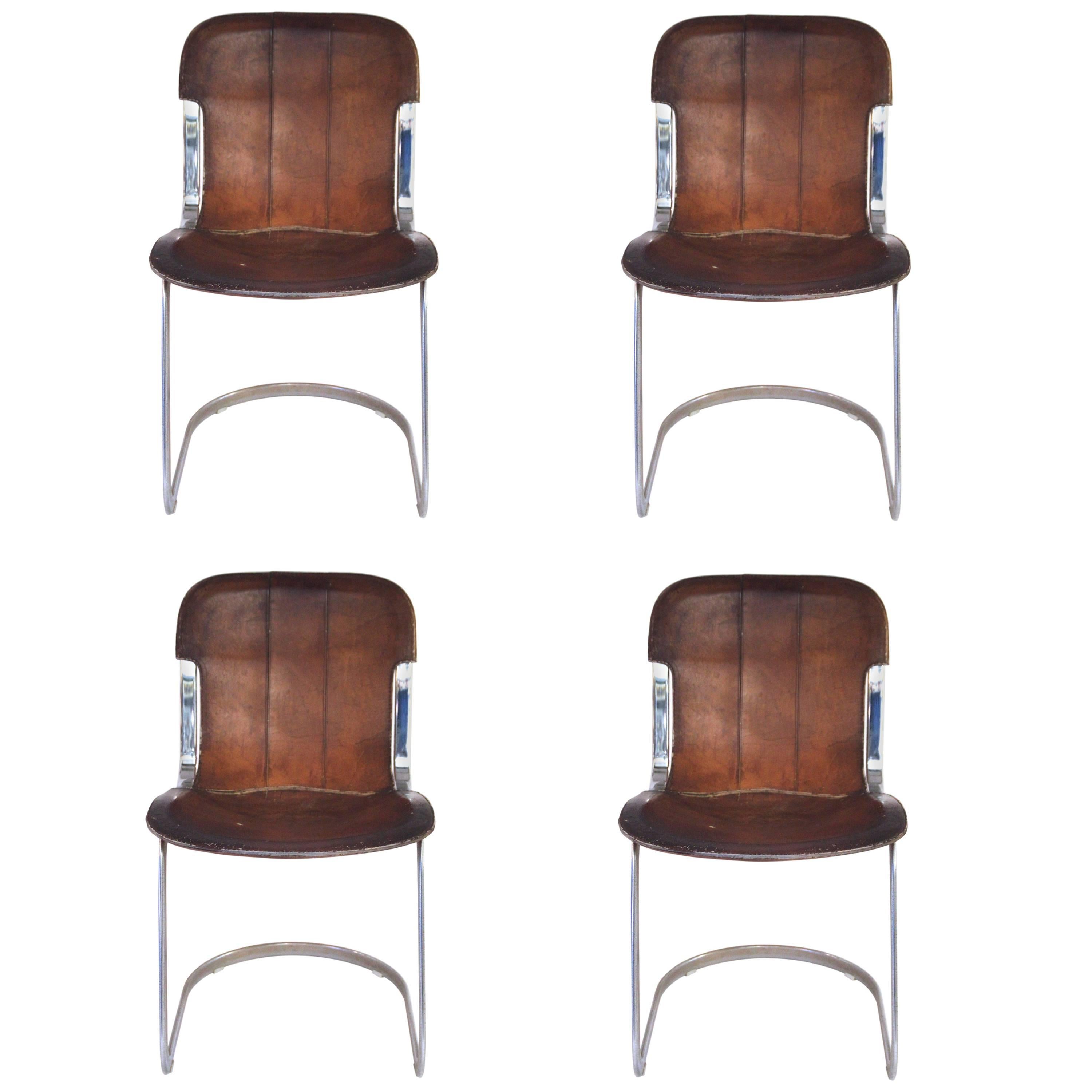 Maison Jansen, Set of Four Chairs, Metal and Leather, circa 1970, France