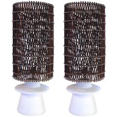 Style Jean-Michel Frank, Pair of Lamps, Plaster and Wicker, circa 2000, France