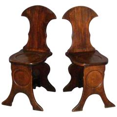 Chippendale Georgian 18th Century Pair of Hall Chairs in Mahogany