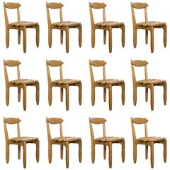 Set of 12 Solid Oak Chairs by Guillerme et Chambron, 1970