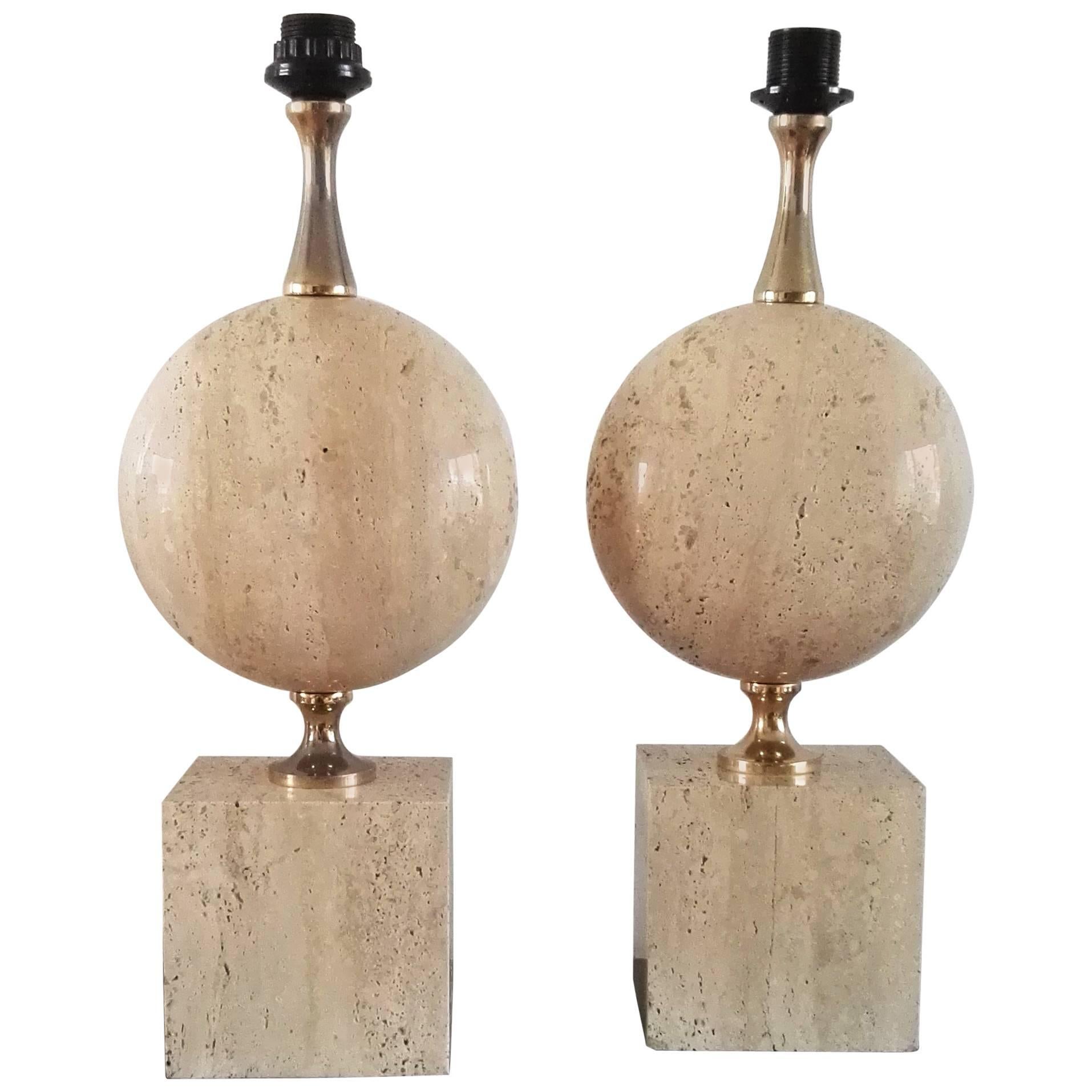Pair of Large Solid Travertine Table Lamp by Maison Barbier, France, 1970s