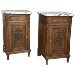 Pair of 19th Century Hand-Carved French Louis XVI Marble Top Nightstands Antique Pair of 19th Century Hand-Carved French Louis XVI Marble Top Nightstands
