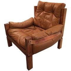 Vintage Solid Elm and Cognac Leather Armchair by Pierre Chapo