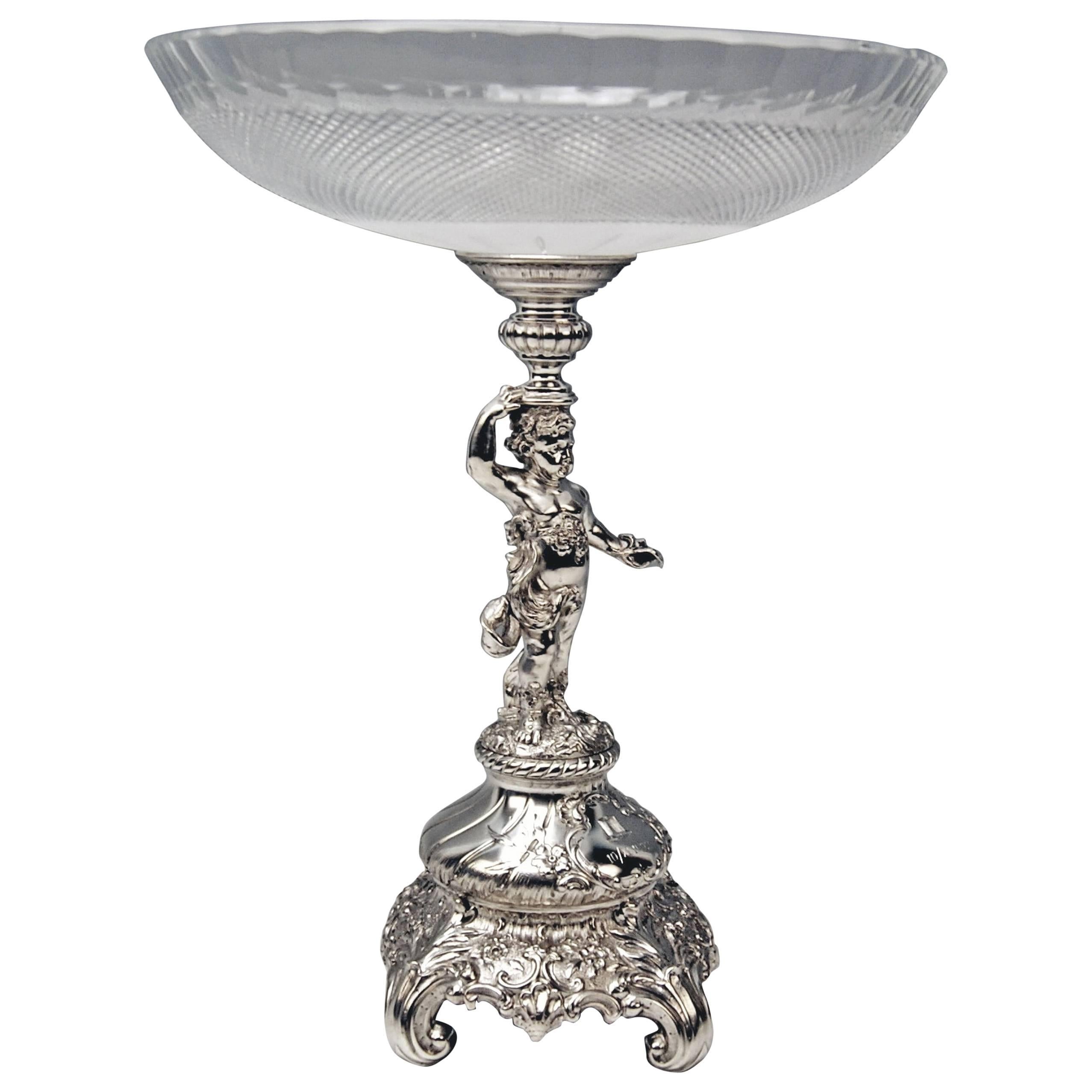 Silver Austrian Centrepiece with Cherub and Round Glass Platter Dated 11-10-1900